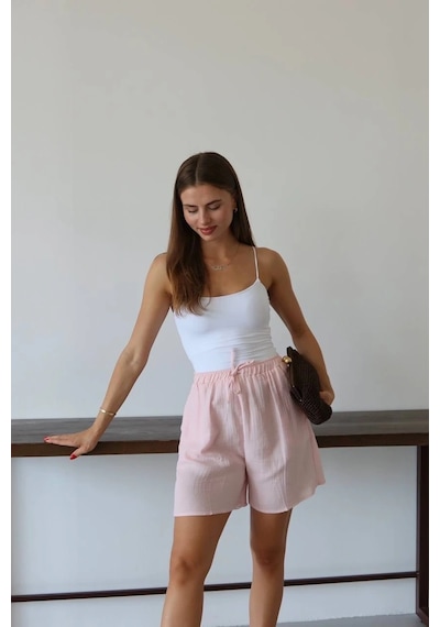 Kazax Müslin Kumaş Şort Bağcıklı Pembe Pt Pembe