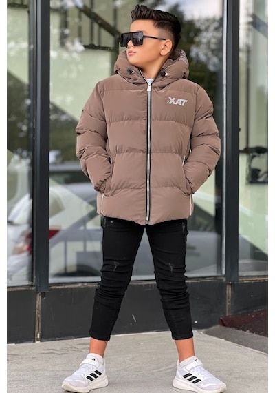 Pina Kids Erkek Çocuk Kapüşonlu Baskılı Reflöktör Detaylı Nova Kumaş Kışlık Şişme Mont Km4017 Kahverengi
