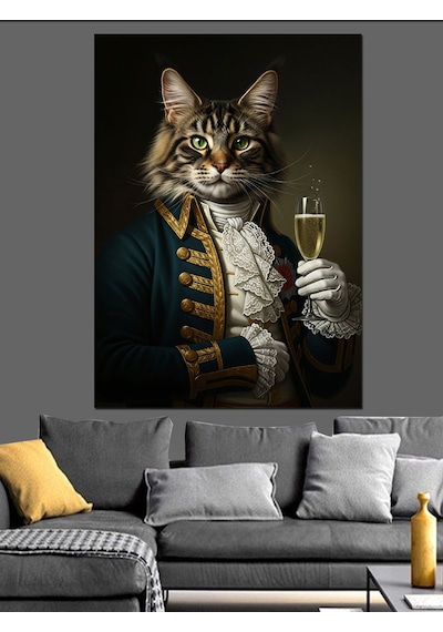 Ahşap Tablo Şampanya İçen Aristokrat Kedi