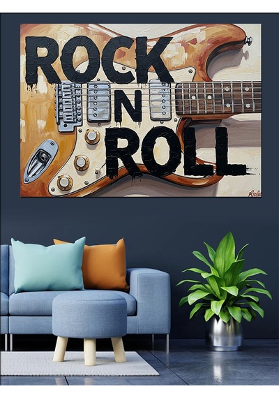 Rock And Roll Yazılı Elektrogitar İllüstrasyonu Dekoratif Kanvas - Mdf Ahşap Tablo