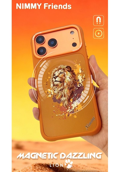 İphone 18 Pro Max Uyumlu Magsafe Gerçek Nakışlı Turuncu Aslan Figürlü Kılıf - Lion