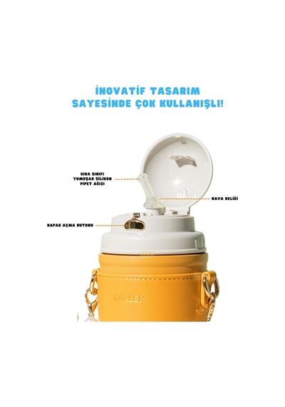 Diller 580ml Moda Deri Kılıflı İnci Süslü Pipetli Askılı Paslanmaz Çelik Termos Matara Turuncu-beyaz Çok Renkli