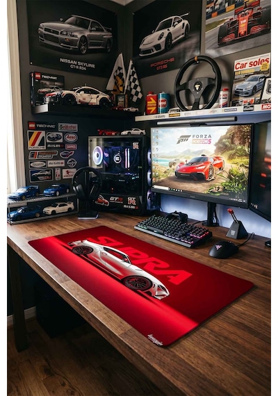 Toyota Supra Beyaz Kırmızı Tasarım 40x90 Cm Oyuncu Mousepad Kaymaz Taban Büyük Boy Siyah