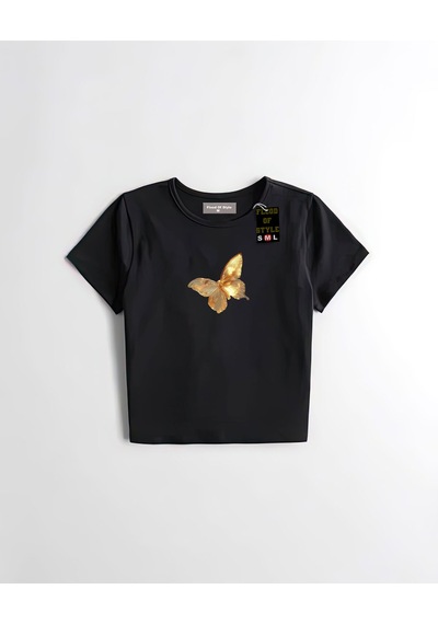 Flood Of Style Siyah Babby Tee Sarı Kelebek Özel Tasarım
