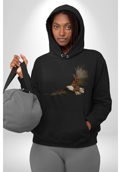 Kartal Özgürlük Kadın Erkek Siyah Kapüşonlu Sweatshirt Hoodie Siyah