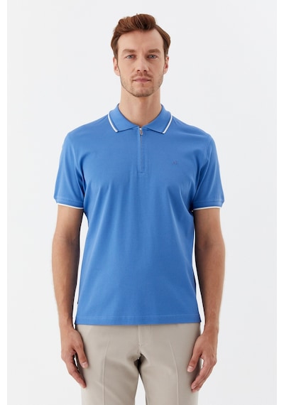 Sabri Özel Mavi Regular Fit %100 Pamuk Fermuarlı Polo Yaka T-shirt