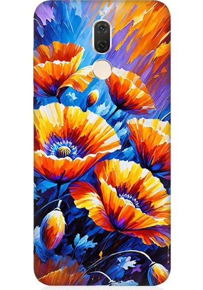Huawei Mate 10 Lite Uyumlu Geceye Açan Turuncu Çiçekler Desenli Silikon Kılıf Çok Renkli