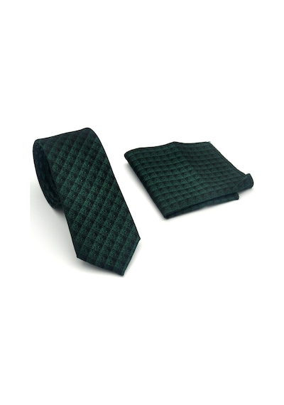 Gaffy Siyah Küp Desenli Yeşil Dokuma Kumaş Mendilli Slim Fit Kravat // Sdk-2605-8 Yeşil