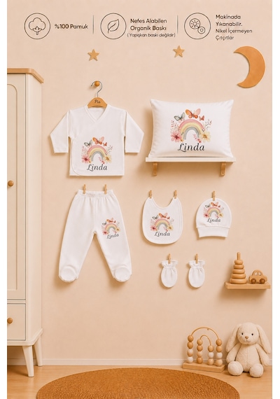 Pia Baby Hastane Çıkışı Kız Bebek 7 Parça Zıbın Seti %100 Pamuk İsme Özel 1079zybyx Ekru