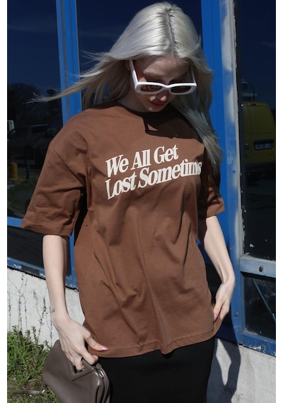 Madmext Kahverengi Baskılı Oversize Tişört Mg1532-kahverengi Kahverengi