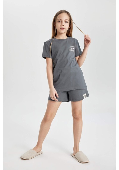 Defacto Kız Çocuk Baskılı Kısa Kollu Şort 2li Pijama Takımı C1956a824spgr449 Gri