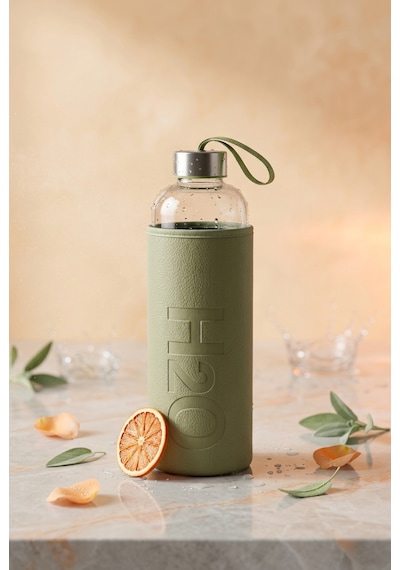 H2o Sağlıklı Cam Matara 1000 Ml Su Şişesi, Deri Kılıflı 1 Lt Sporcu Suluğu Haki