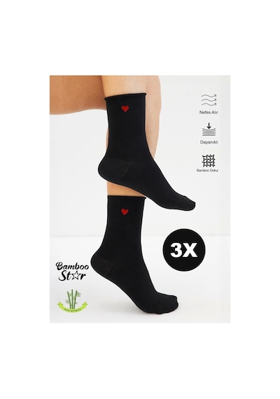 Bamboo Star Bambu Kadın Kalp Desenli Lastiksiz Siyah Soket Dikişsiz Çorap 3'lü Paket/ Sıkmayan Çorap/iz Bırakmaz