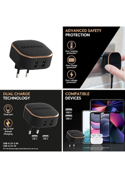 Duracell 17W 2XUSB Telefon/Tablet Şarj Cihazı Siyah