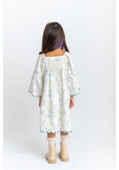 Oliventhekid Dilim Nakışlı Poplin Kız Çocuk Elbise Ekru
