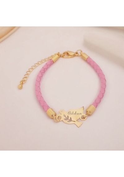 Archin Vildan İsmine Özel Doğal Pembe Derili Kuş Motifli 14 Ayar Altın Plakalı Hediye Bileklik-444isim Vildan