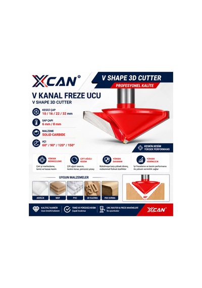 32 Mm 60 V Kanal Freze Ucu 6 Mm Sap Ahşap V Oluk Açma Frezesi