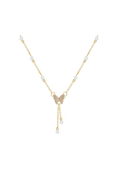 Girift Vintage Shine Kelebek Ve Inci Detaylı Zincir Kolye Gold