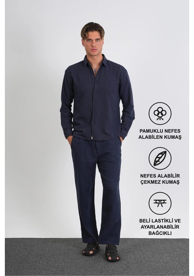 Flare Kışlık Baggy Pantolon Oversize Gömlek Alt Üst Takım %100 Pamuk Lacivert