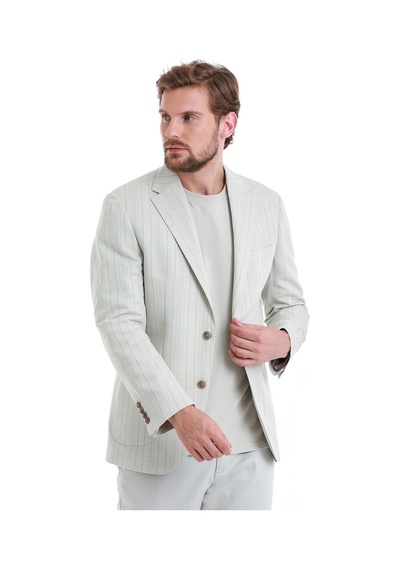 Hatemoğlu Bej Slim Fit Çizgili Mono Yaka Casual Keten Ceket 14242024c002 25 Bej