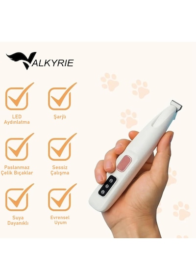 Valkyrie Kedi Köpek Pati Tüy Kesme Makinesi Şarjlı Sessiz Led Işıklı Hassas Bölge Traş Cihazı Seramik Bıçaklı