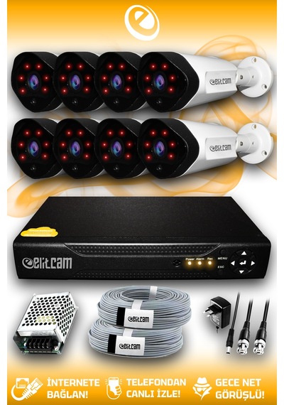 Elitcam 8 Kameralı Uzay 8 Dış Kamera Set HDD'siz Full HD Gece Görüşlü Güvenlik Kamerası Sistemi