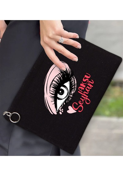 Bk Gift Kişiye Özel İsimli-5 Astarlı Siyah Portföy Çanta 30x21cm, Baskılı El Çantası, Organizer Çanta