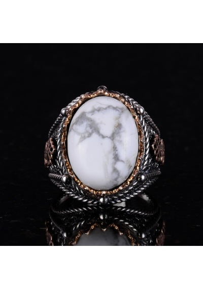 Gerçek Doğal Howlite Taş Yüzük, 925 Ayar Katı Gümüş Erkek Yüzüğü Gümüş