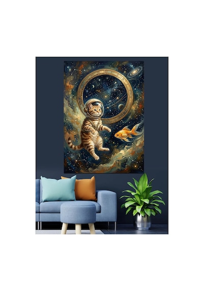 Uzayda Balık Kovalayan Astronot Kedi Yağlı Boya Dokulu Kanvas Tablo Canvas Tablosu