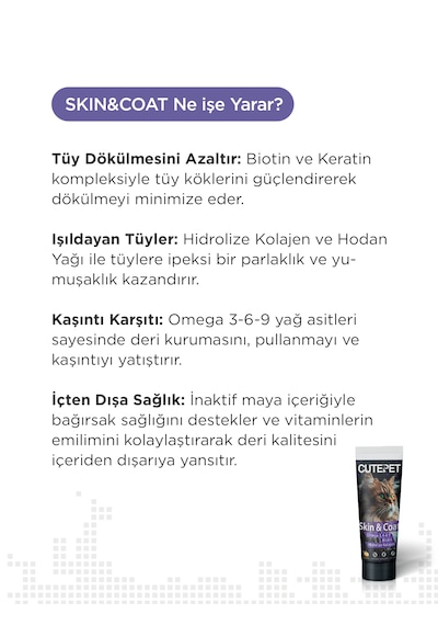Cutepet Skin & Coat Kedi Deri Ve Tüy Sağlığı Malt 100g Omega 3-6-9, Biotin Ve Kolajen Destekli