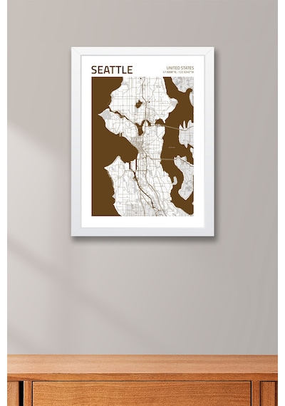 Seattle Abd Haritası Çerçeveli Tablo Lüks Salon Ofis Duvar Dekorasyonu Hediyelik Tablo Beyaz