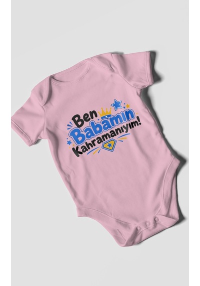 Morivokids Ben Babamın Kahramanıyım Kısa Kollu Bebek Body %100 Pamuk Koyu Pembe