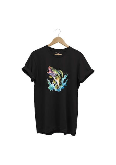 Fishing Balıkçılık Levrek Balığı Deniz Baskılı %100 Pamuk Regular Fit Bisiklet Yaka Siyah T-shirt Siyah