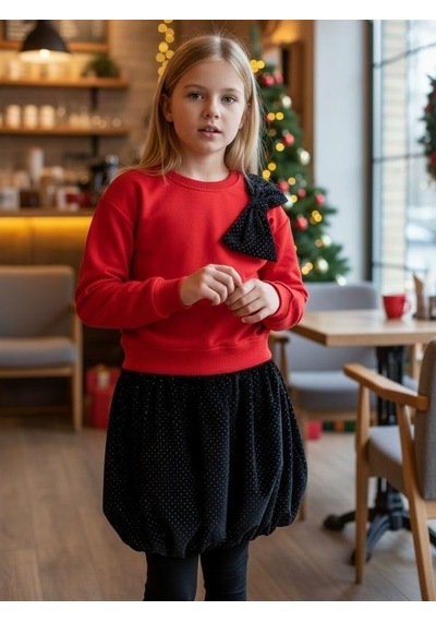 Zekids Kız Çocuk Yumuşak Dokulu Büyük Fiyonk Detaylı Işıltılı Etekli Takım-16437 Kırmızı Zekids Kız Çocuk Yumuşak Dokulu Büyük Fiyonk Detaylı Işıltılı Etekli Takım-16437 Kırmızı