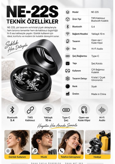 Ne-22s Tws Kablosuz Bluetooth 5.4 Open-ear Klips Küpeli Bayan Kulaklığı - Siyah