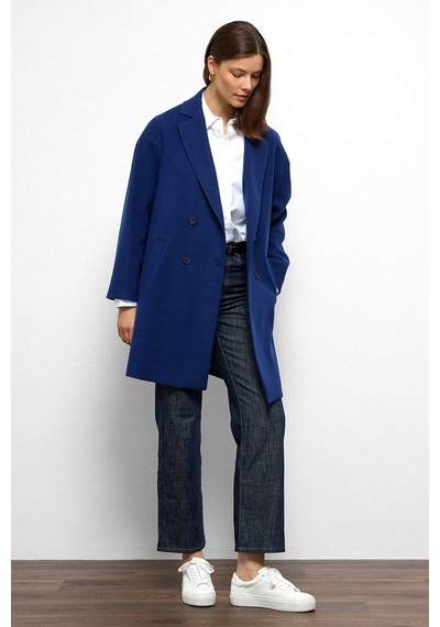Olcay Desenli Astarlı Oversize Kruvaze Kaban Saks 3095 Saks Mavi