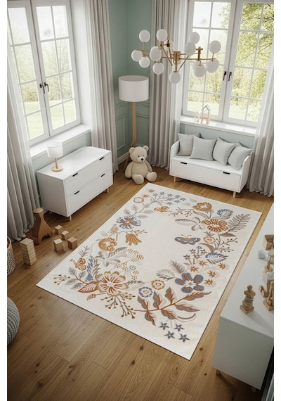 Cotto Cool Cl006r Krem Çiçek Desenli Modern Halı Şık Akrilik Kaymaz Taban Kolay Temizlenebilir
