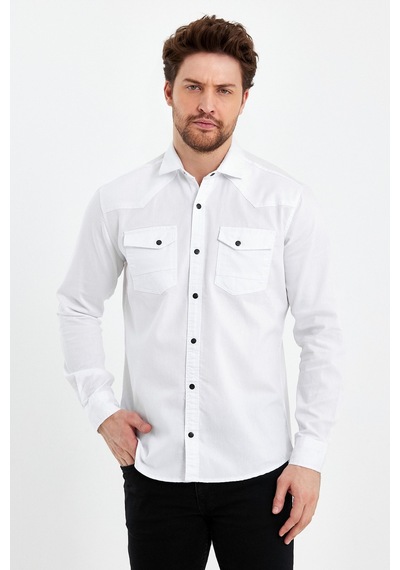Cool Tarz Erkek Beyaz Çift Cepli Çıt Çıt Düğmeli Slim Fit Kot Gömlek Beyaz Beyaz