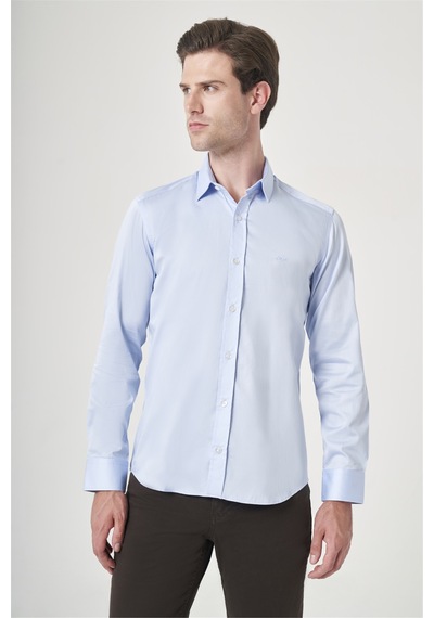 İmza Mavi Sert Yaka Uzun Kol Cepsiz Saten Slim Fit %100 Pamuk Gömlek 1004260424 Koyu Mavi