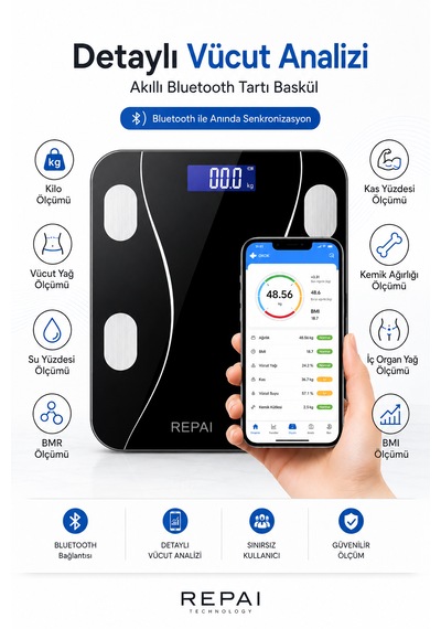 Proscale Bluetooth Akıllı Baskül Vücut Analizli Yağ Su Kas Bmı Bmr Ölçer Dijital Tartı