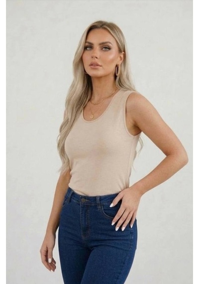 Hashtag Kadın Prenses Yaka Sıfır Kol Body Günlük Viskon Kumaş Bej