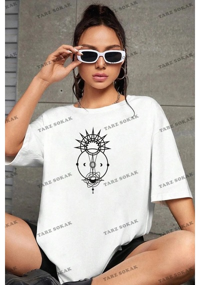 Unisex Tutulma Baskılı Oversize Boyfriend Beyaz