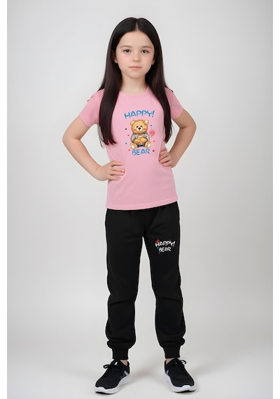 Fyk Kids Kiz Çocuk Baskili Happy Bear Bel Detayi Lasti Kli Alt-üst Pi Jama Takimi Pembe