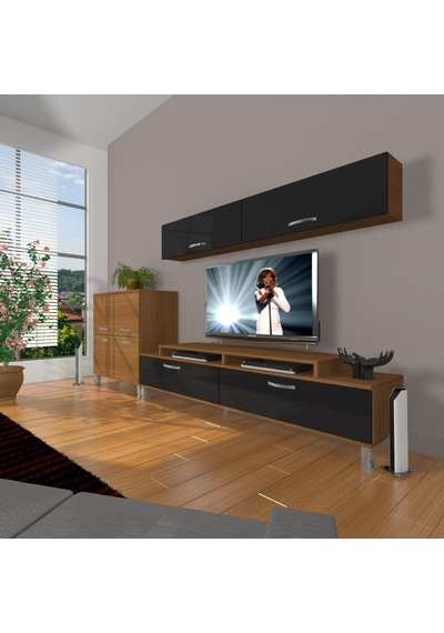 Decoraktiv Ekoflex 6y Slm Krom Ayaklı Tv Ünitesi Tv Sehpası Ceviz - Siyah