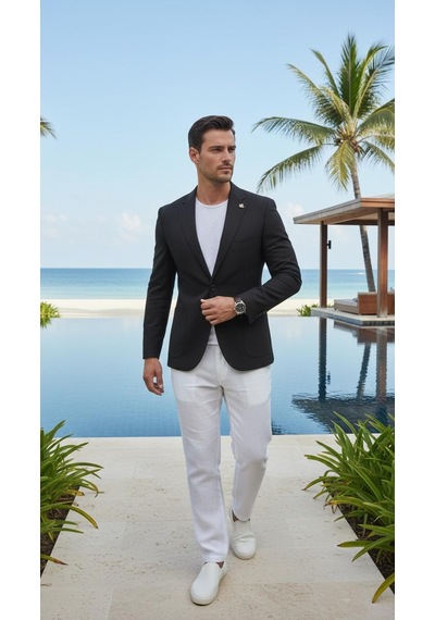 Plus Scorpion Ck089 Erkek Slim Fit Blazer Ceket Tek Düğmeli Çift Yırtmaçlı Torba Cepli Yarım Astarlı Siyah