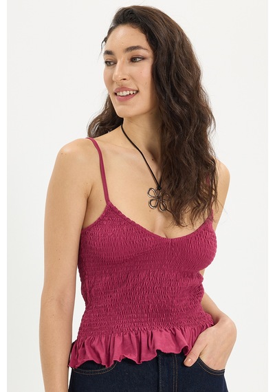 Tudors Kadın Slim Fit Dar Kesim %100 Pamuk Askılı Büzgülü V Yaka Fuşya Bluz-50368 FUŞYA