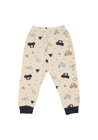 Bebegen Erkek Çocuk Ekru Laci Arabalı Desenli Çıtçıtlı Pijama Takımı Çok Renkli