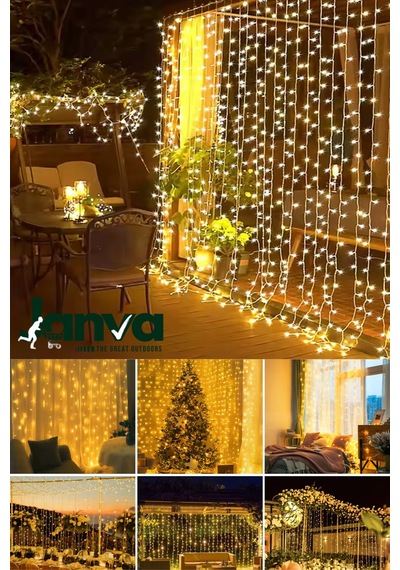 3x3 Metre Sarı Perde Led Işık 12 Saçaklı Tasarım, 8 Fonksiyonlu Mod Ve Dekoratif Şıklık