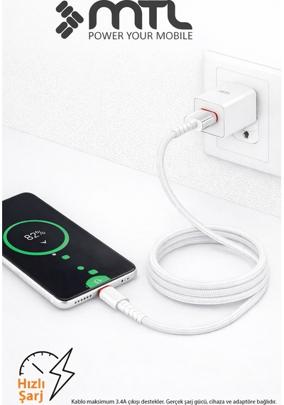 3.4a Usb To Type-c Hızlı Şarj Ve Data Kablosu Hasır 1 Metre Beyaz Mt2015