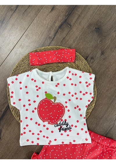 Bebicix Elma Desenli Şortlu 2'li Takım Kırmızı